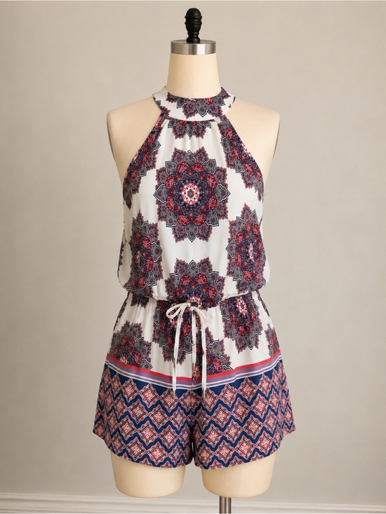 Pants - Patterned Halter Romper with neck buttons size small